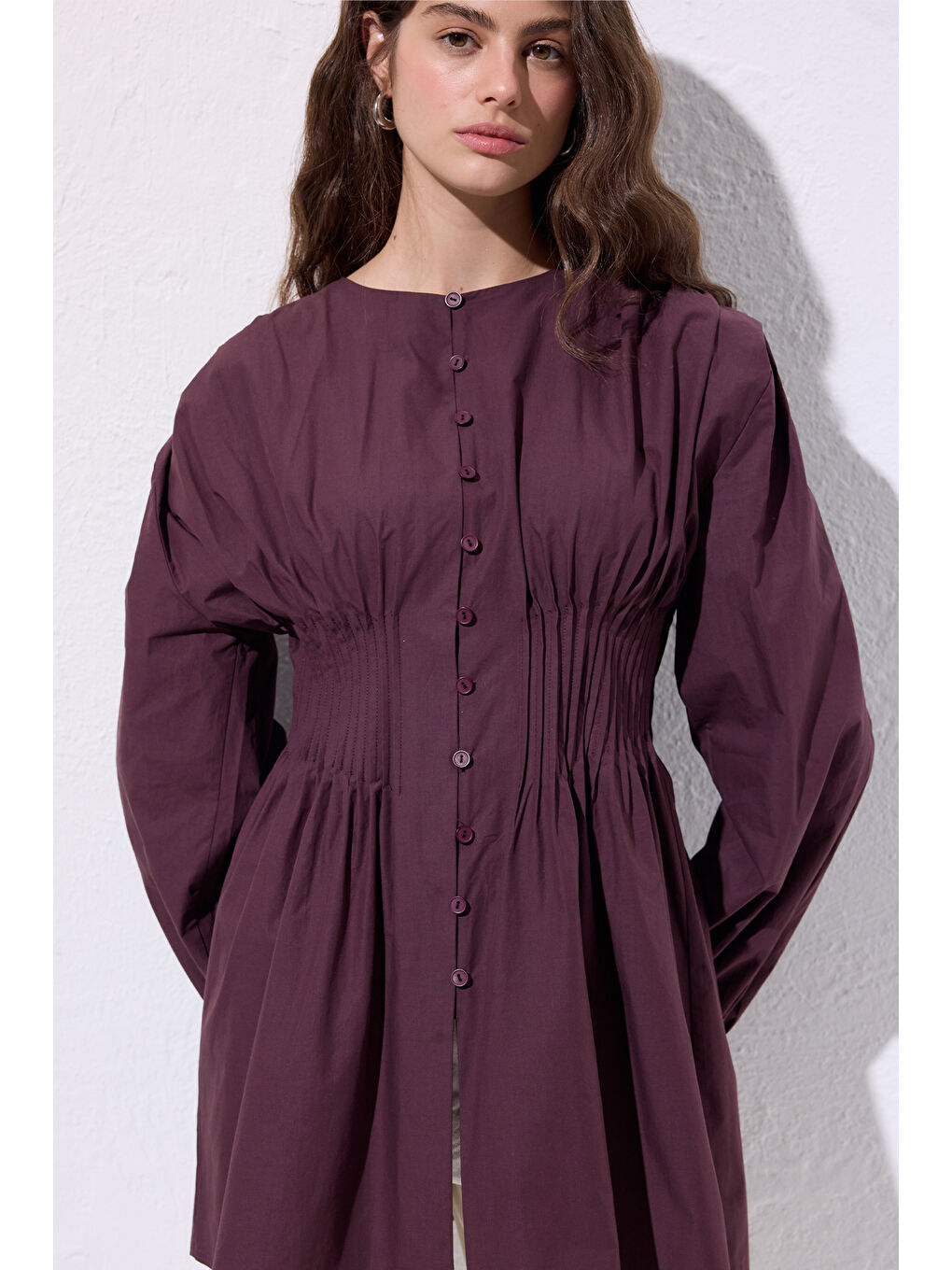 Beli Pile Detaylı Uzun Kol Bluz Mürdüm-6