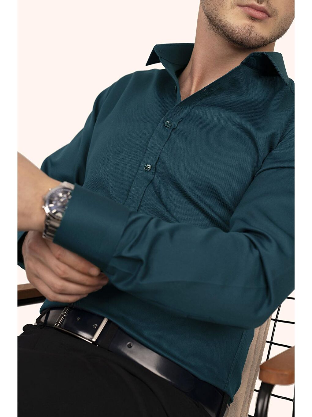 Zümrüt Yeşili Kare Düğmeli Slimfit Erkek Gömlek