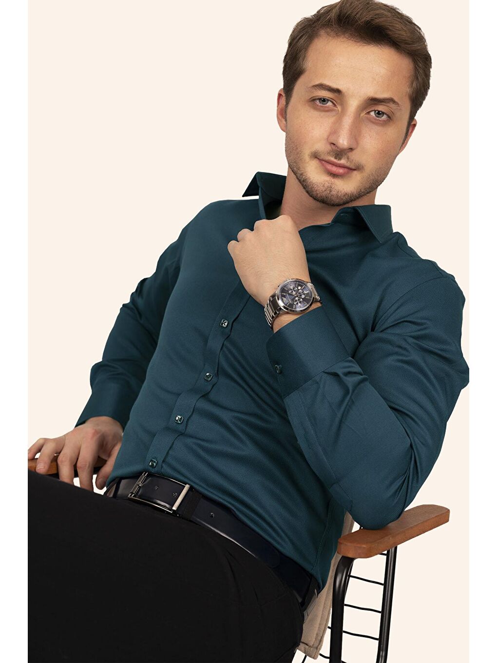 Zümrüt Yeşili Kare Düğmeli Slimfit Erkek Gömlek-1