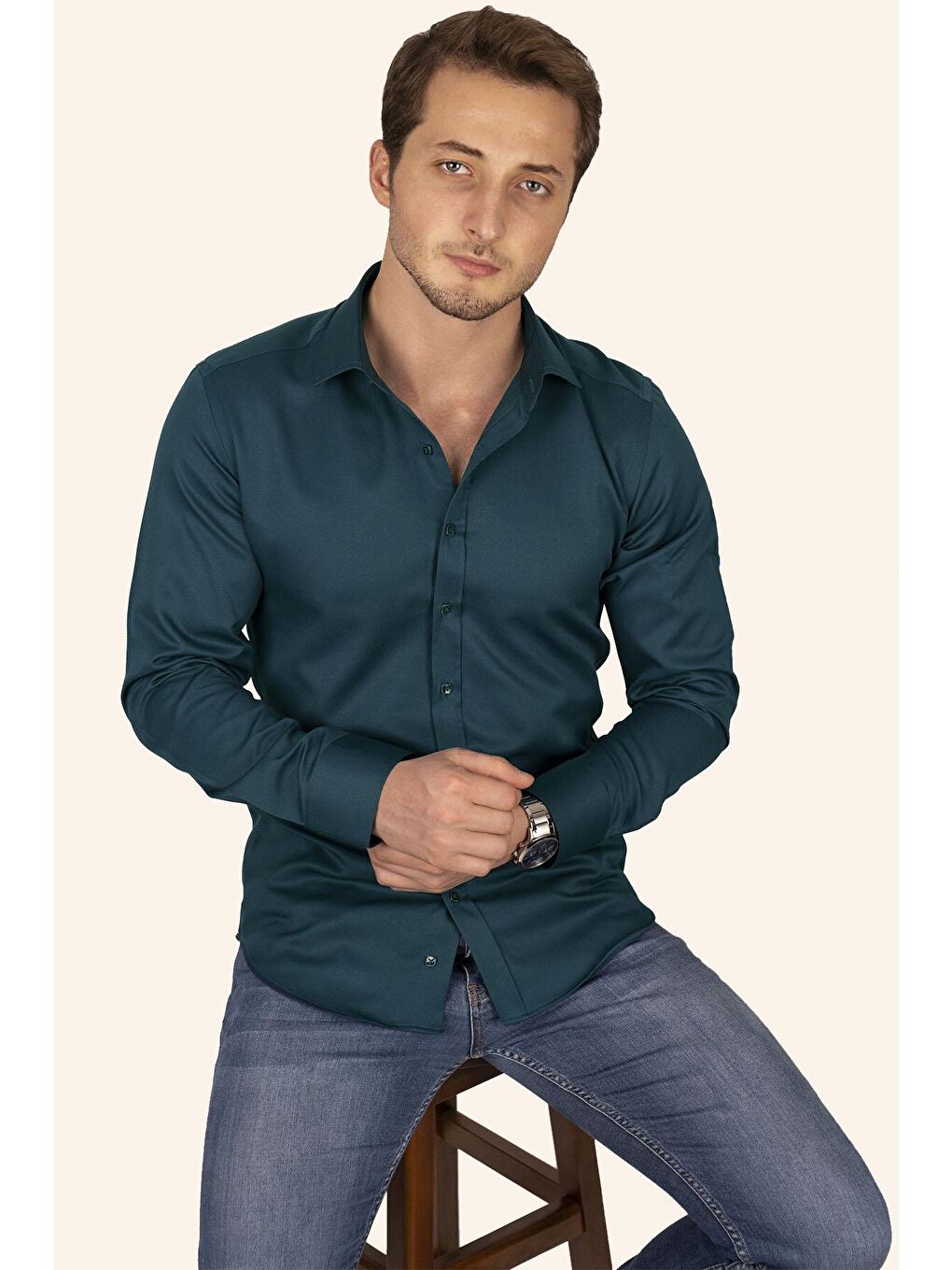 Zümrüt Yeşili Kare Düğmeli Slimfit Erkek Gömlek-3