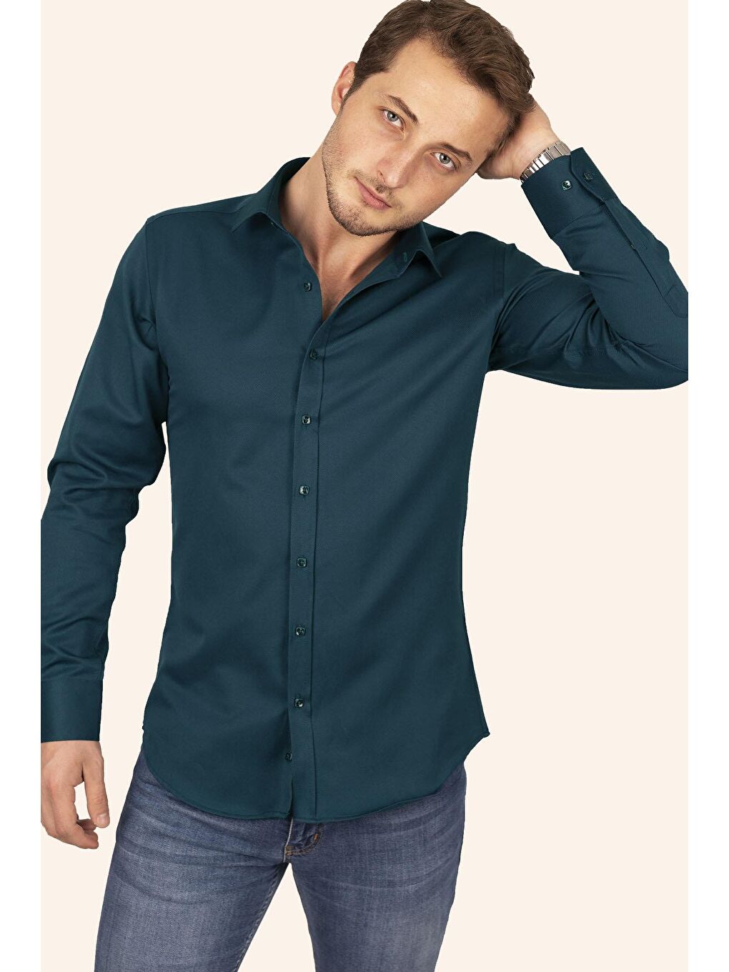 Zümrüt Yeşili Kare Düğmeli Slimfit Erkek Gömlek-6