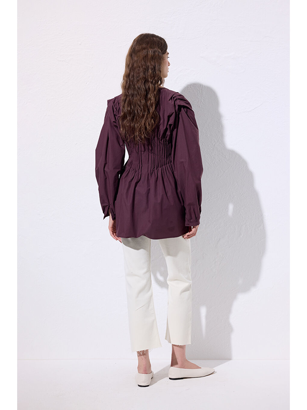 Beli Pile Detaylı Uzun Kol Bluz Mürdüm-7