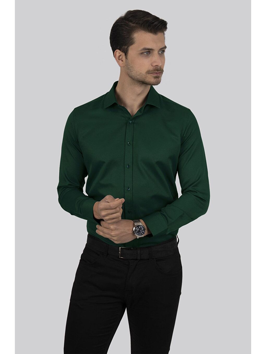 Kına Yeşili Kare Düğmeli Slimfit Erkek Gömlek