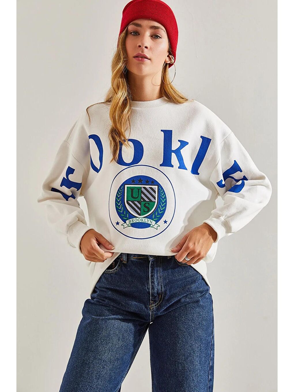 Beyaz Kadın Baskılı Üç İplik Şardonlu Sweatshirt-1
