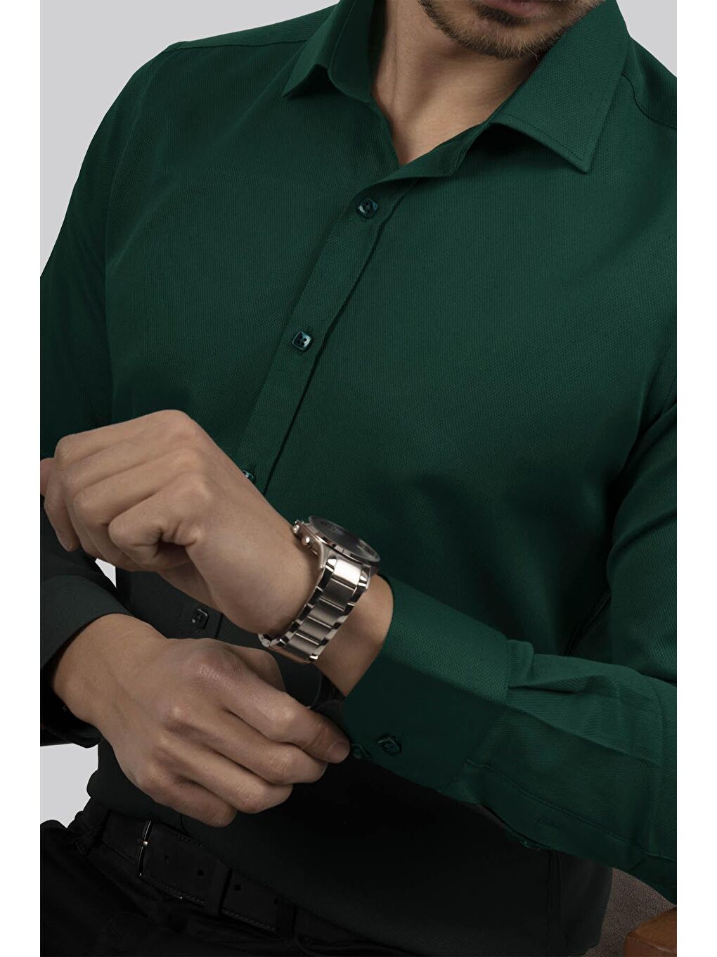 Kına Yeşili Kare Düğmeli Slimfit Erkek Gömlek-1