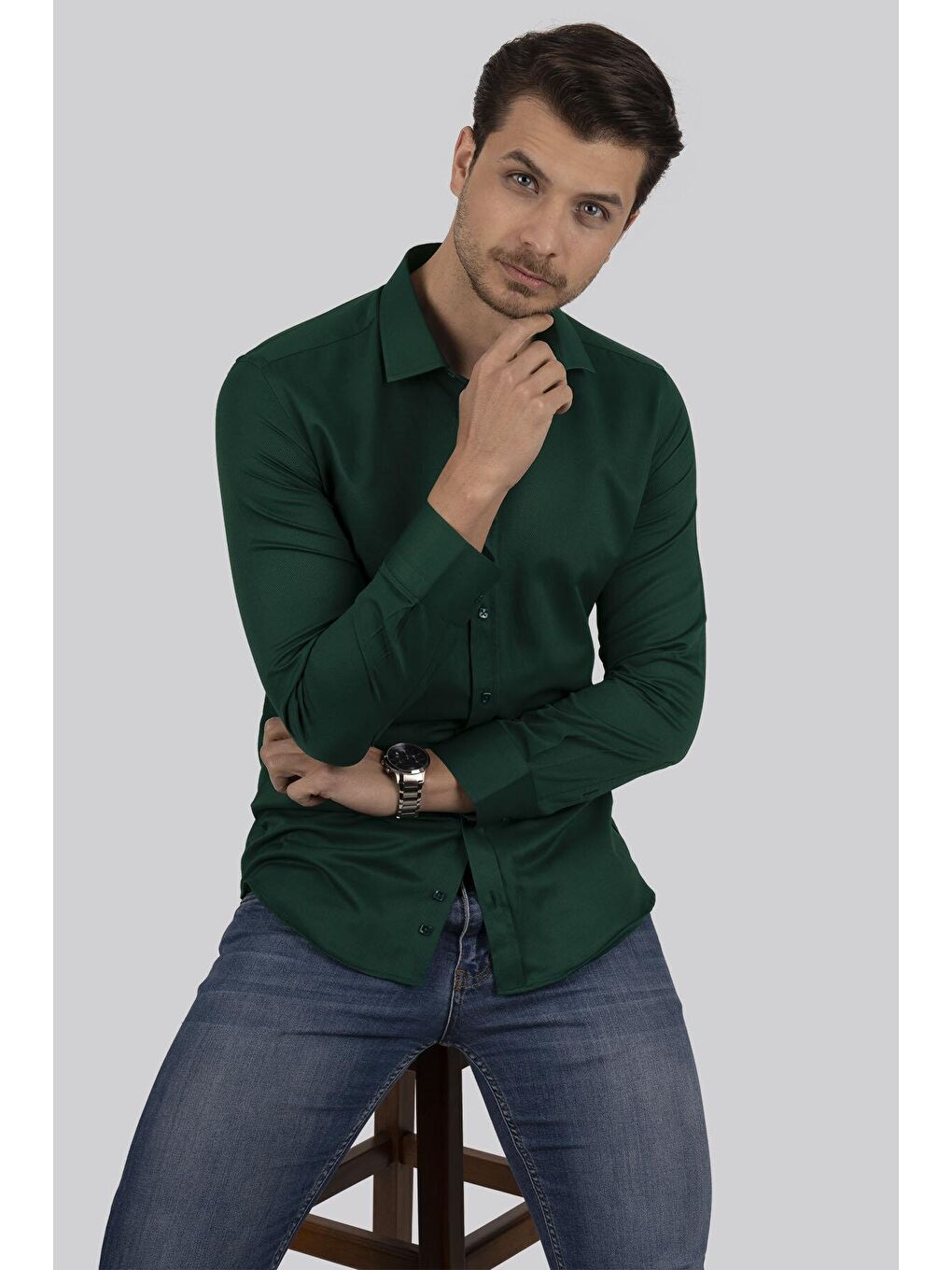 Kına Yeşili Kare Düğmeli Slimfit Erkek Gömlek-4