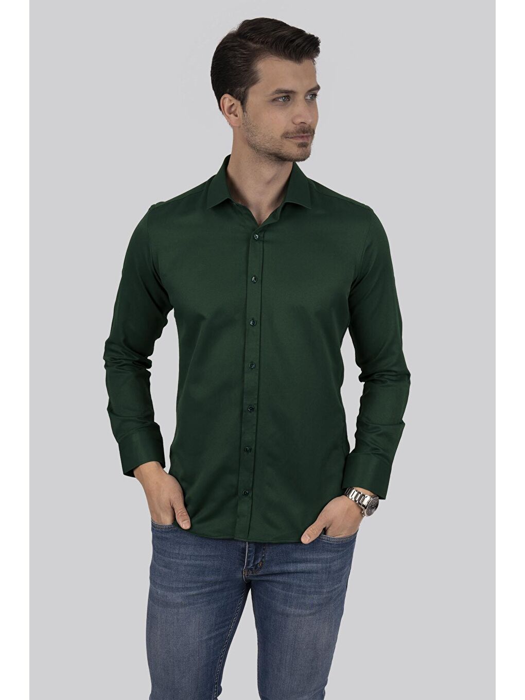 Kına Yeşili Kare Düğmeli Slimfit Erkek Gömlek-2