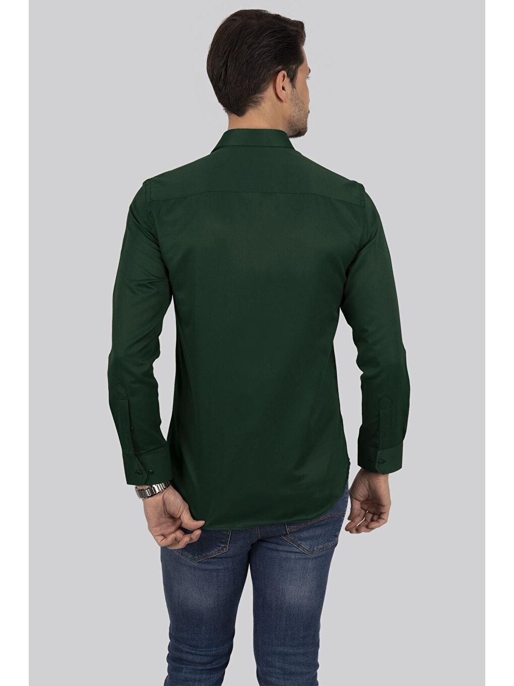 Kına Yeşili Kare Düğmeli Slimfit Erkek Gömlek-5