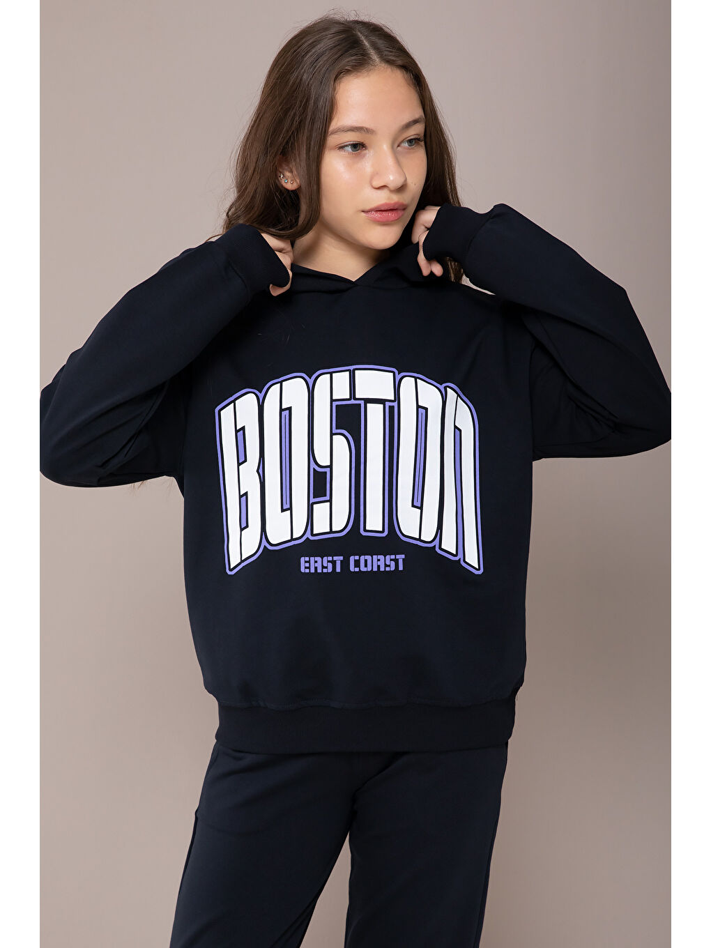 Cansın Mini Lacivert Boston Yazılı Kapüşonlu Kız Çocuk Eşofman Takımı 19830 - 2