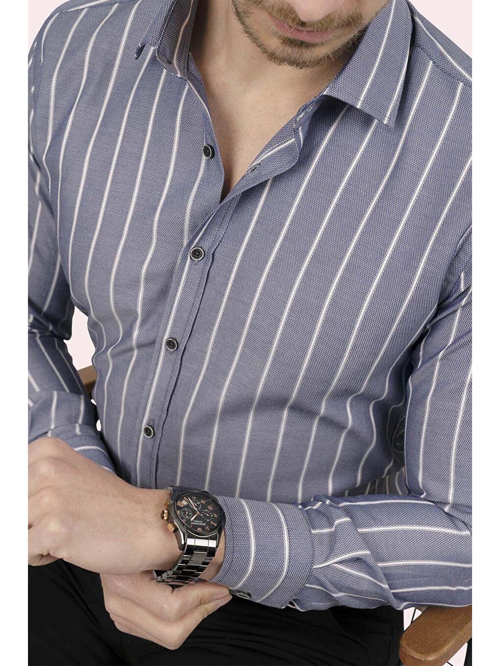 Gri Beyaz Çizgili Slimfit Erkek Gömlek