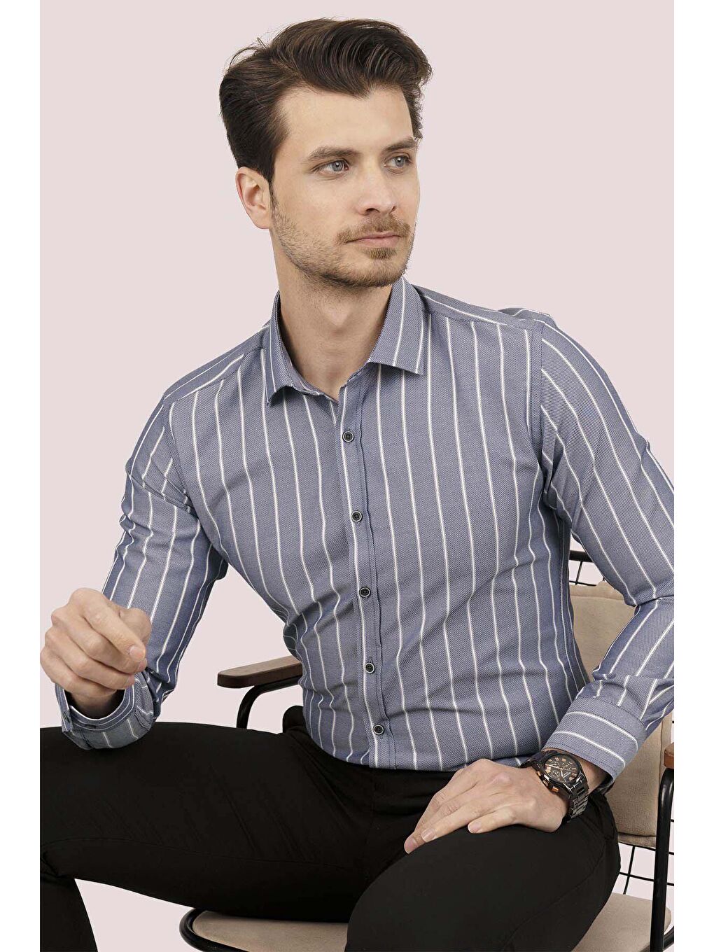 Gri Beyaz Çizgili Slimfit Erkek Gömlek-2