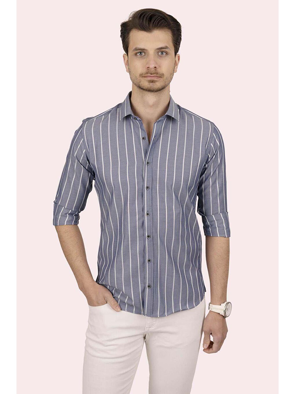 Gri Beyaz Çizgili Slimfit Erkek Gömlek-4