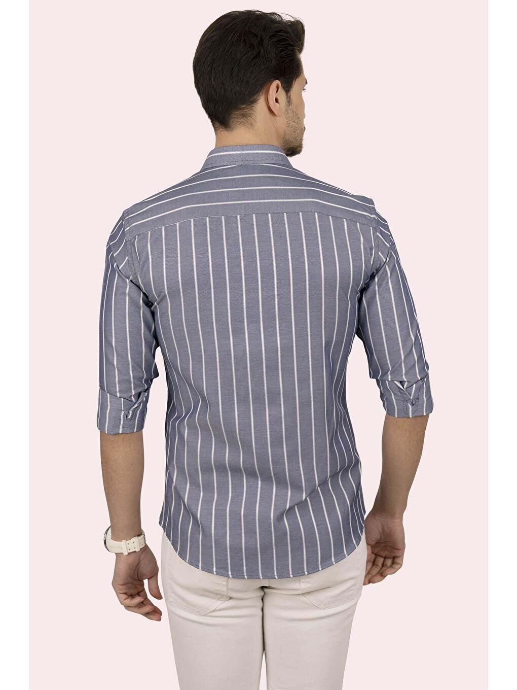 Gri Beyaz Çizgili Slimfit Erkek Gömlek-5