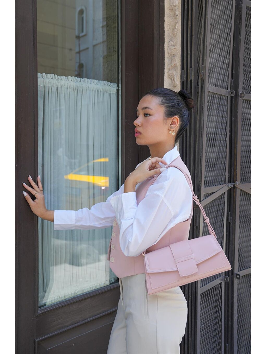 Pembe Diana Kapaklı Dikdörtgen Kadın Çanta - Pudra-2