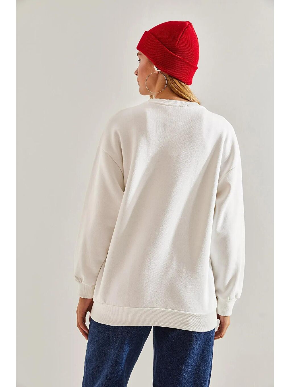 Beyaz Kadın Baskılı Üç İplik Şardonlu Sweatshirt-4