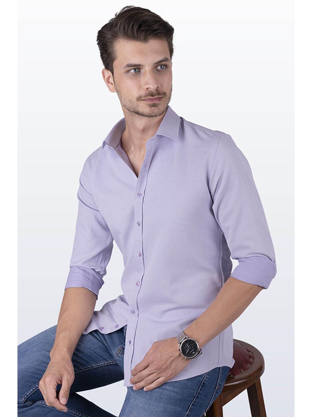 Lila Armür Desenli Slimfit Erkek Gömlek-2