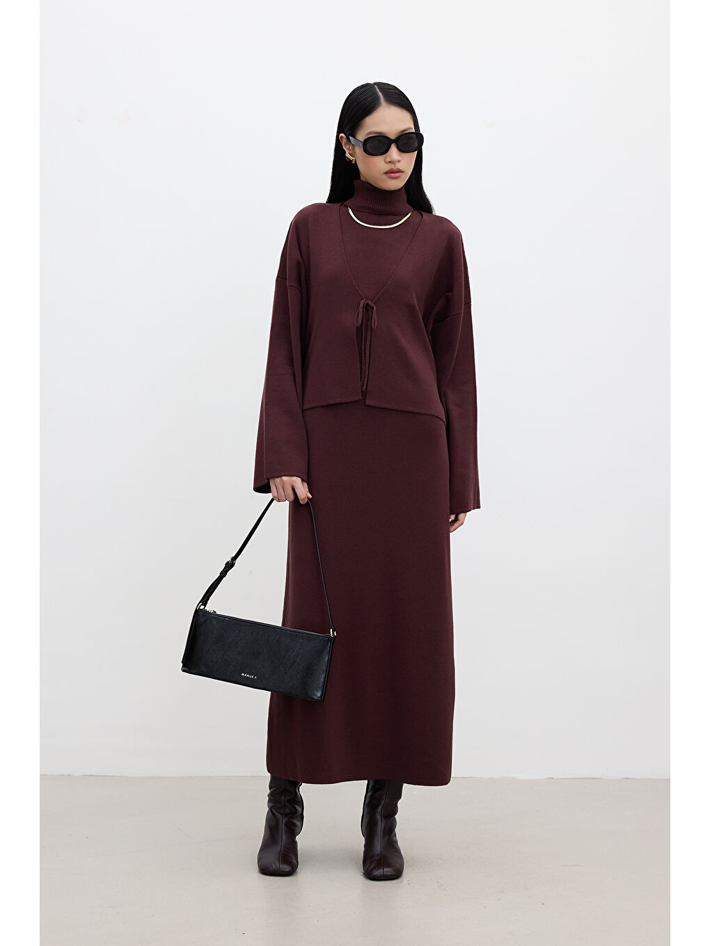 Kolsuz Yüksek Yaka Triko Elbise Bordo-1