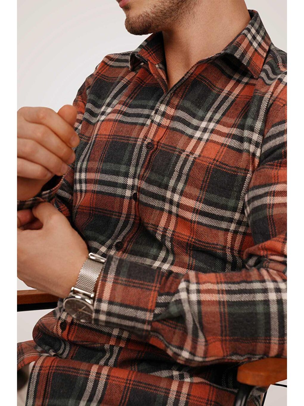 Kahverengi Kiremit Çizgili Slimfit %100 Pamuk Erkek Oduncu Gömlek-1