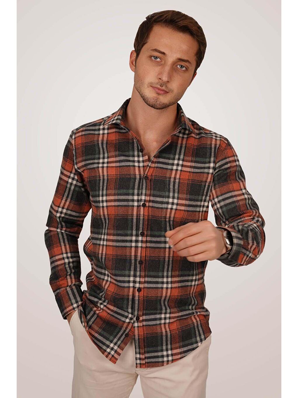 Kahverengi Kiremit Çizgili Slimfit %100 Pamuk Erkek Oduncu Gömlek-3