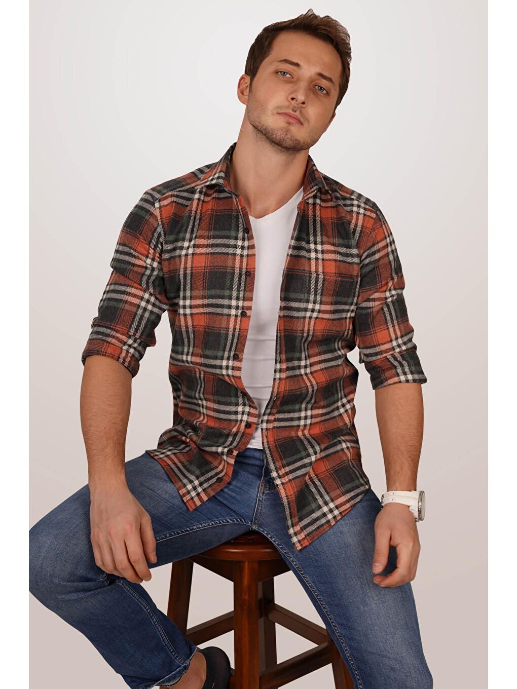 Kahverengi Kiremit Çizgili Slimfit %100 Pamuk Erkek Oduncu Gömlek-4
