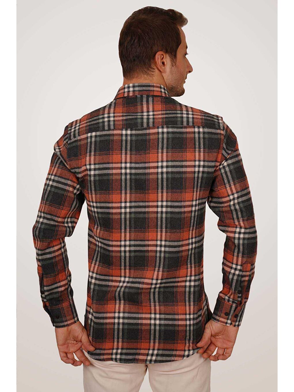 Kahverengi Kiremit Çizgili Slimfit %100 Pamuk Erkek Oduncu Gömlek-6