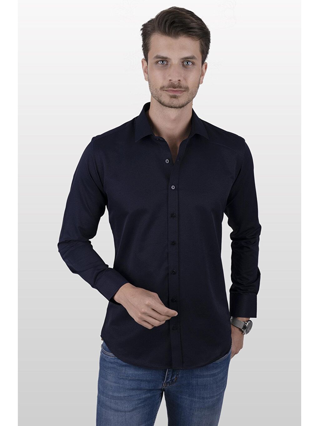 Lacivert Saten Slimfit Erkek Gömlek-1
