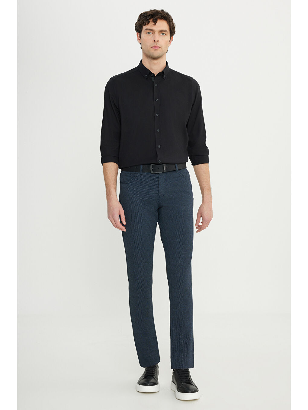 Erkek Lacivert Slim Fit Dar Kesim Diagonal Desenli Yan Cep Pantolon