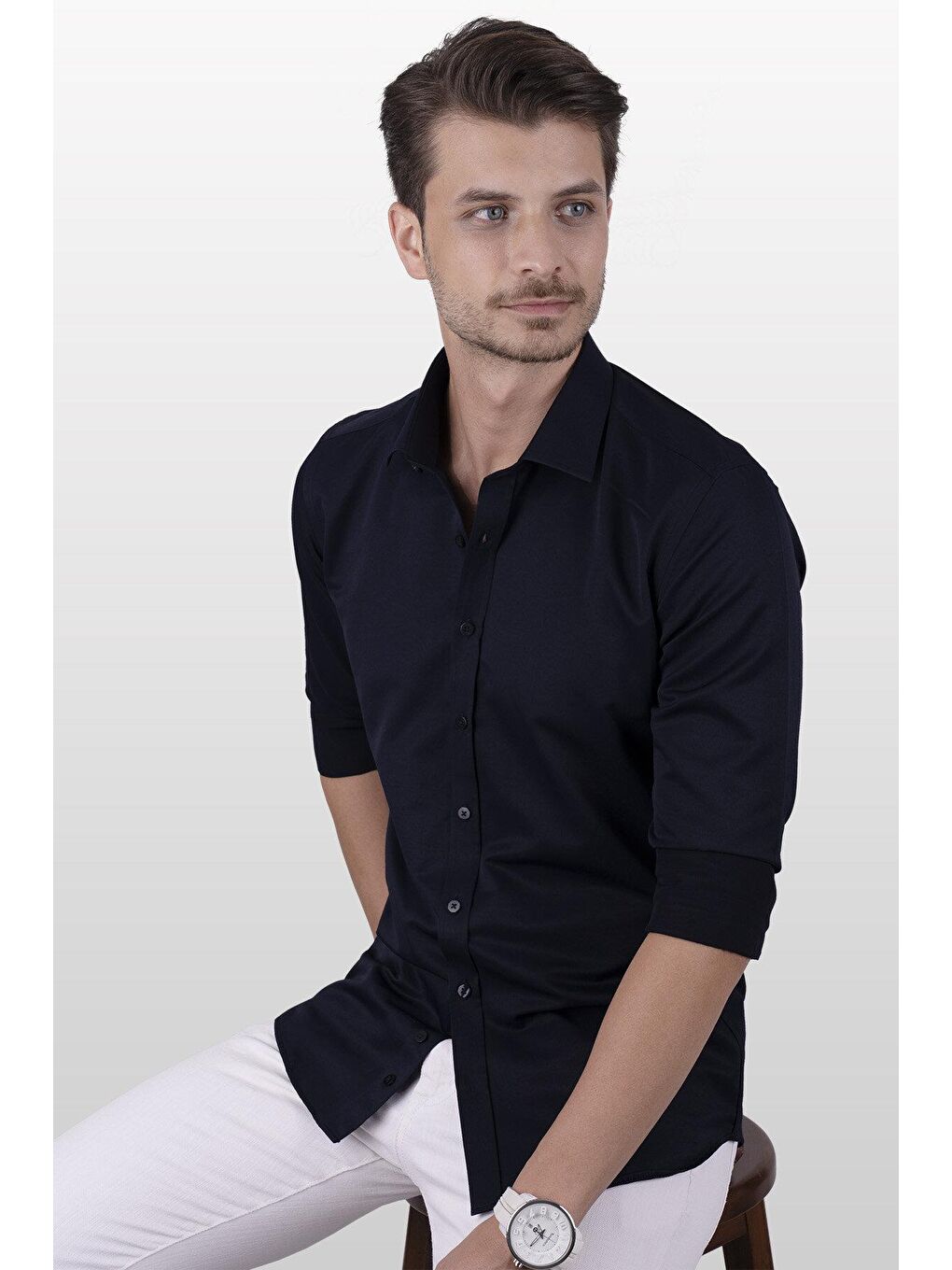 Lacivert Saten Slimfit Erkek Gömlek-2