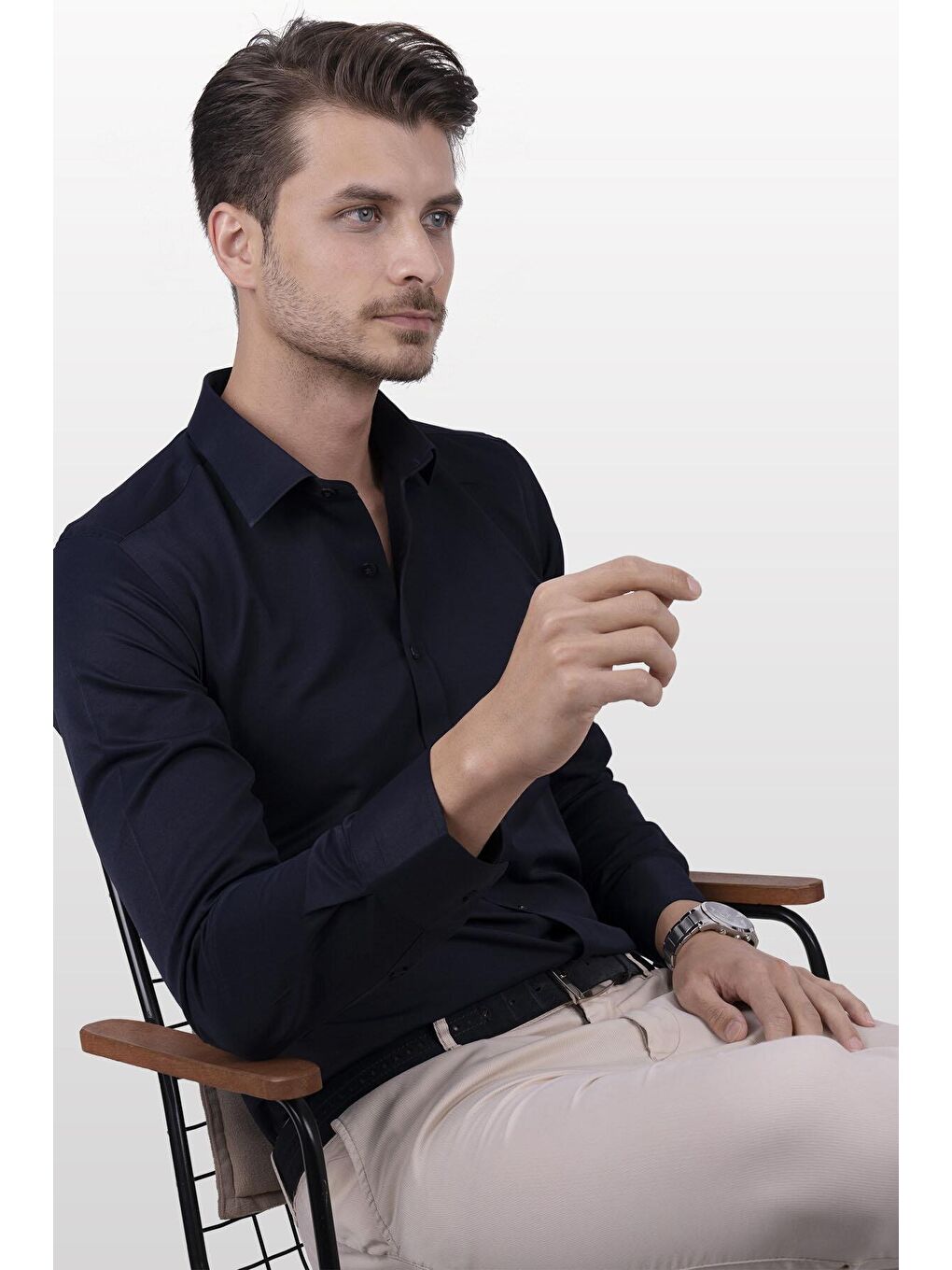 Lacivert Saten Slimfit Erkek Gömlek-4