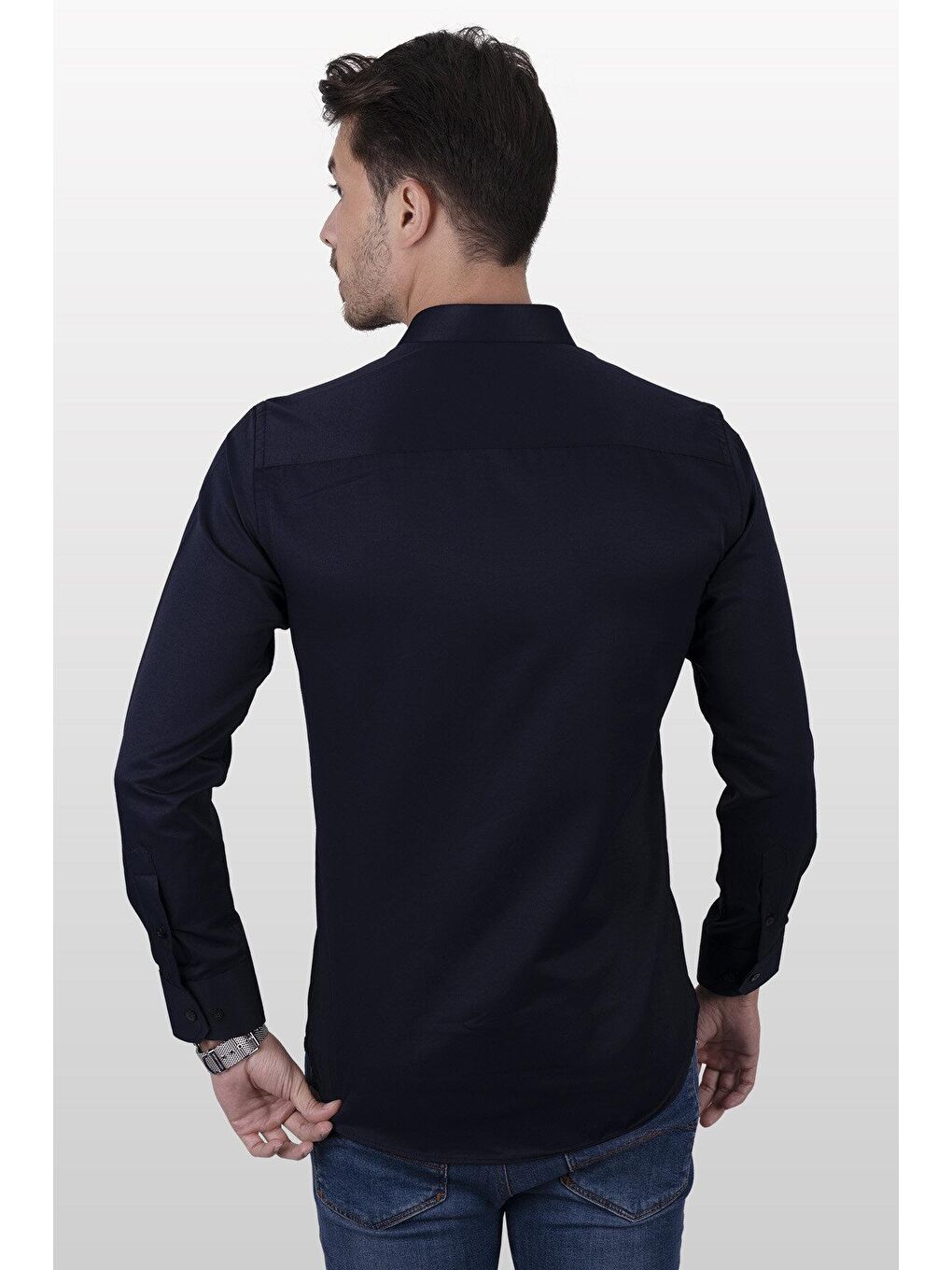 Lacivert Saten Slimfit Erkek Gömlek-5