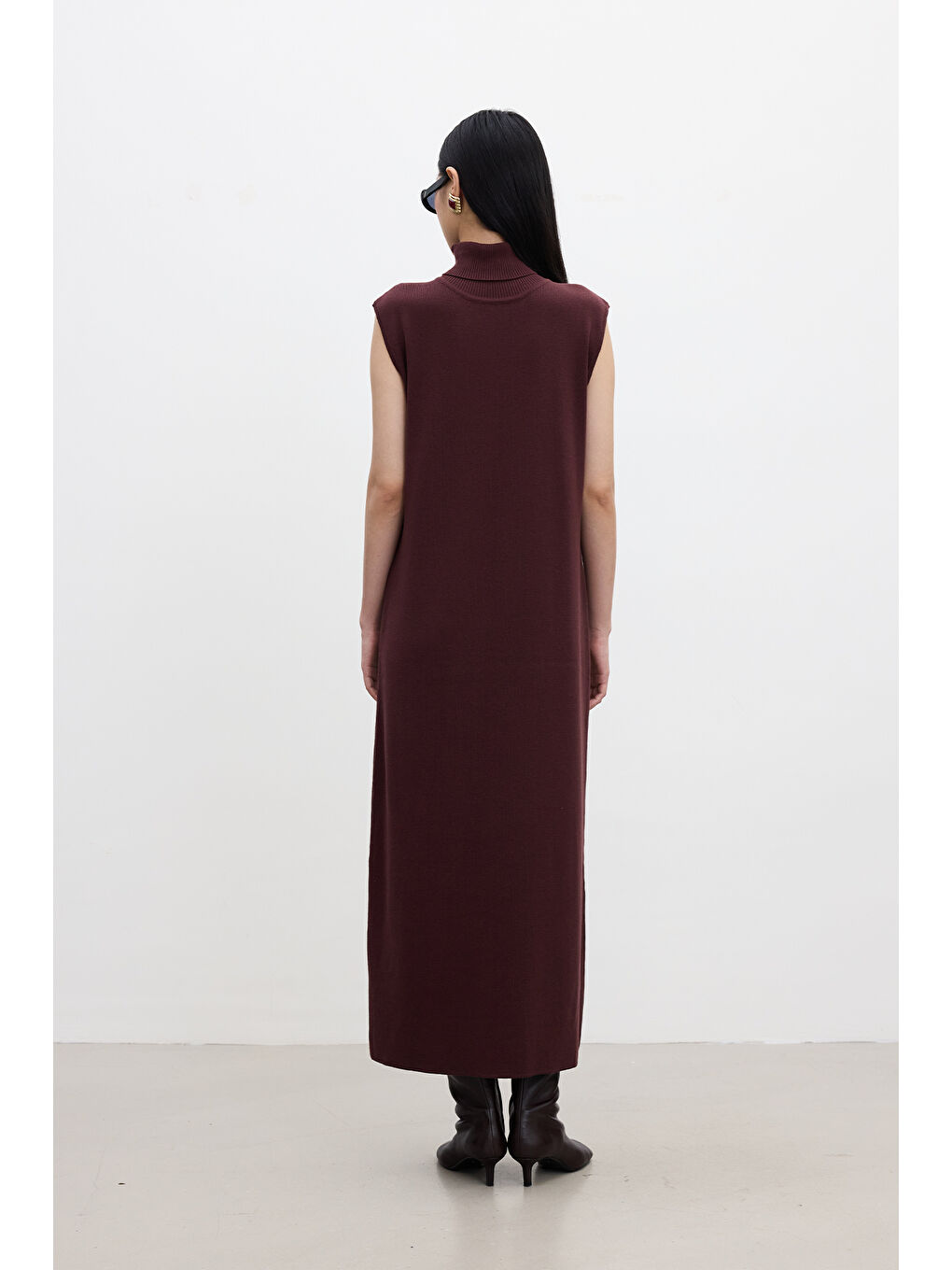 Kolsuz Yüksek Yaka Triko Elbise Bordo-5