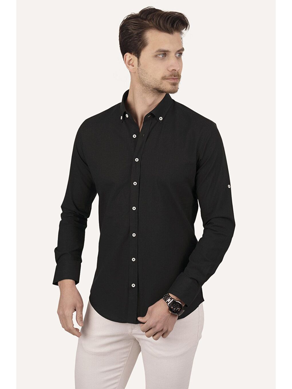 Siyah Yaka Düğmeli Keten Slimfit Erkek Gömlek-1