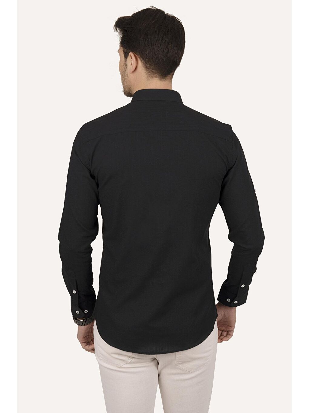 Siyah Yaka Düğmeli Keten Slimfit Erkek Gömlek-5