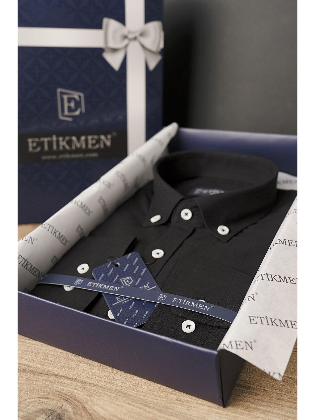 Siyah Yaka Düğmeli Keten Slimfit Erkek Gömlek-6