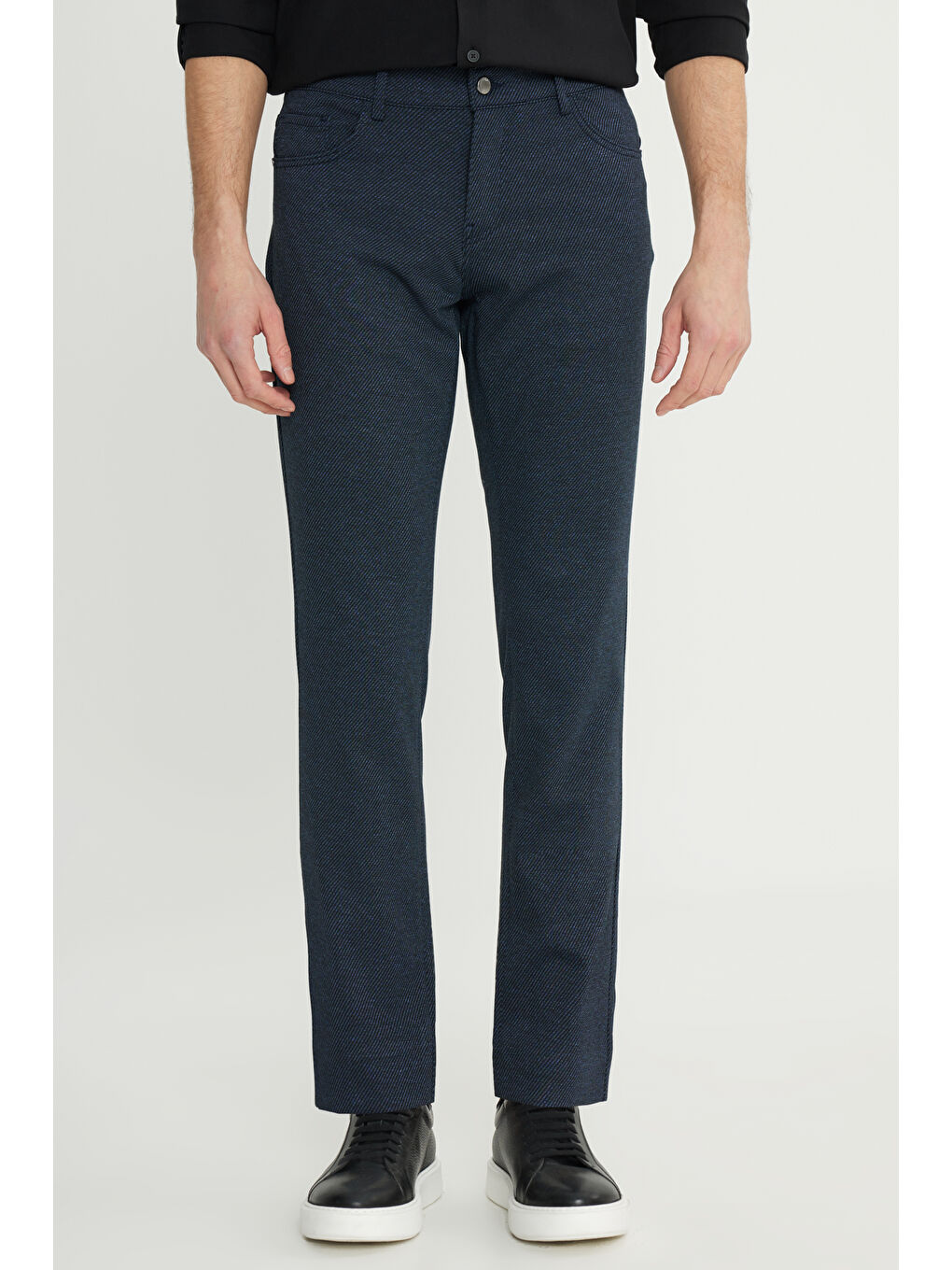 Erkek Lacivert Slim Fit Dar Kesim Diagonal Desenli Yan Cep Pantolon-1