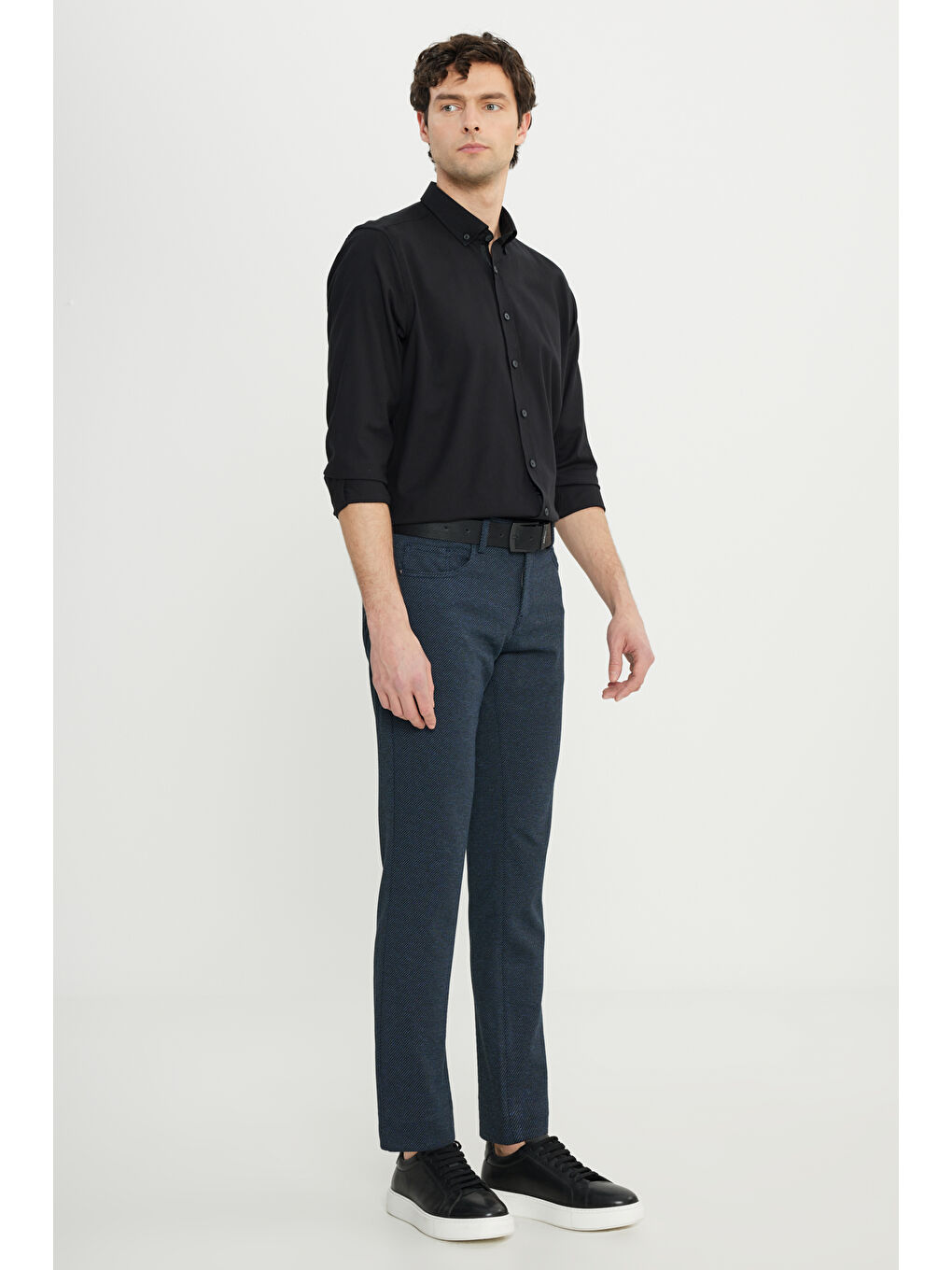 Erkek Lacivert Slim Fit Dar Kesim Diagonal Desenli Yan Cep Pantolon-2