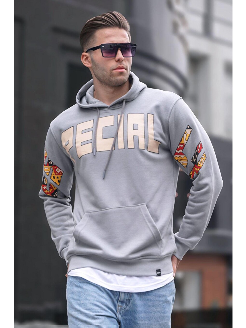 Boyalı Gri Baskılı Kapüşonlu Erkek Sweatshirt 6039