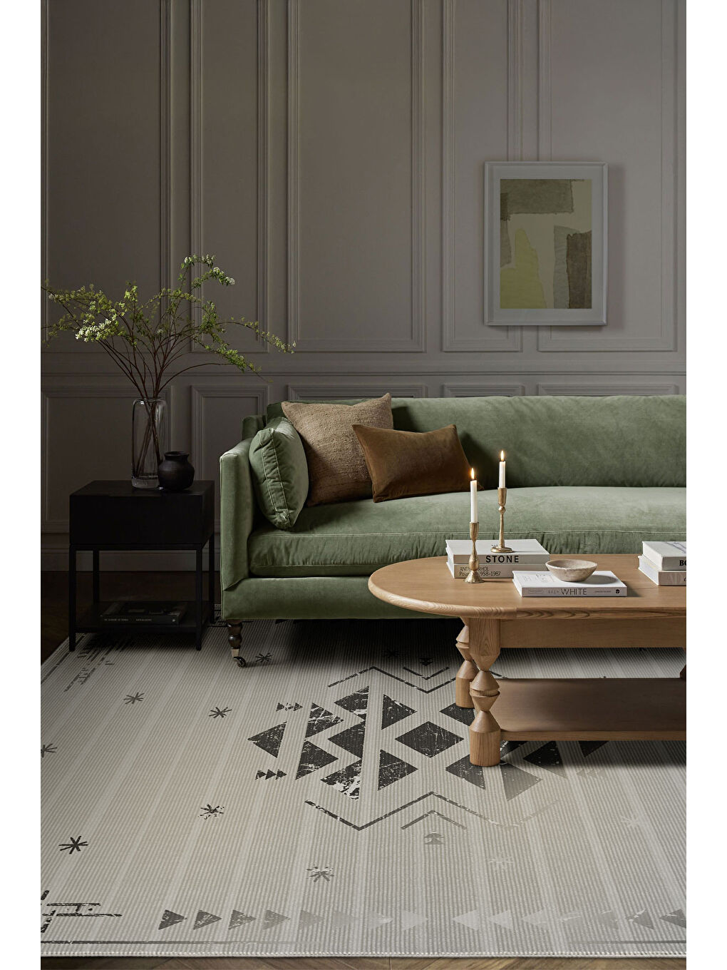 Gri Dekoratif Özel Tasarım Yıkanabilir İnce Kaymaz Tabanlı Modern Halı KECE FR46-1