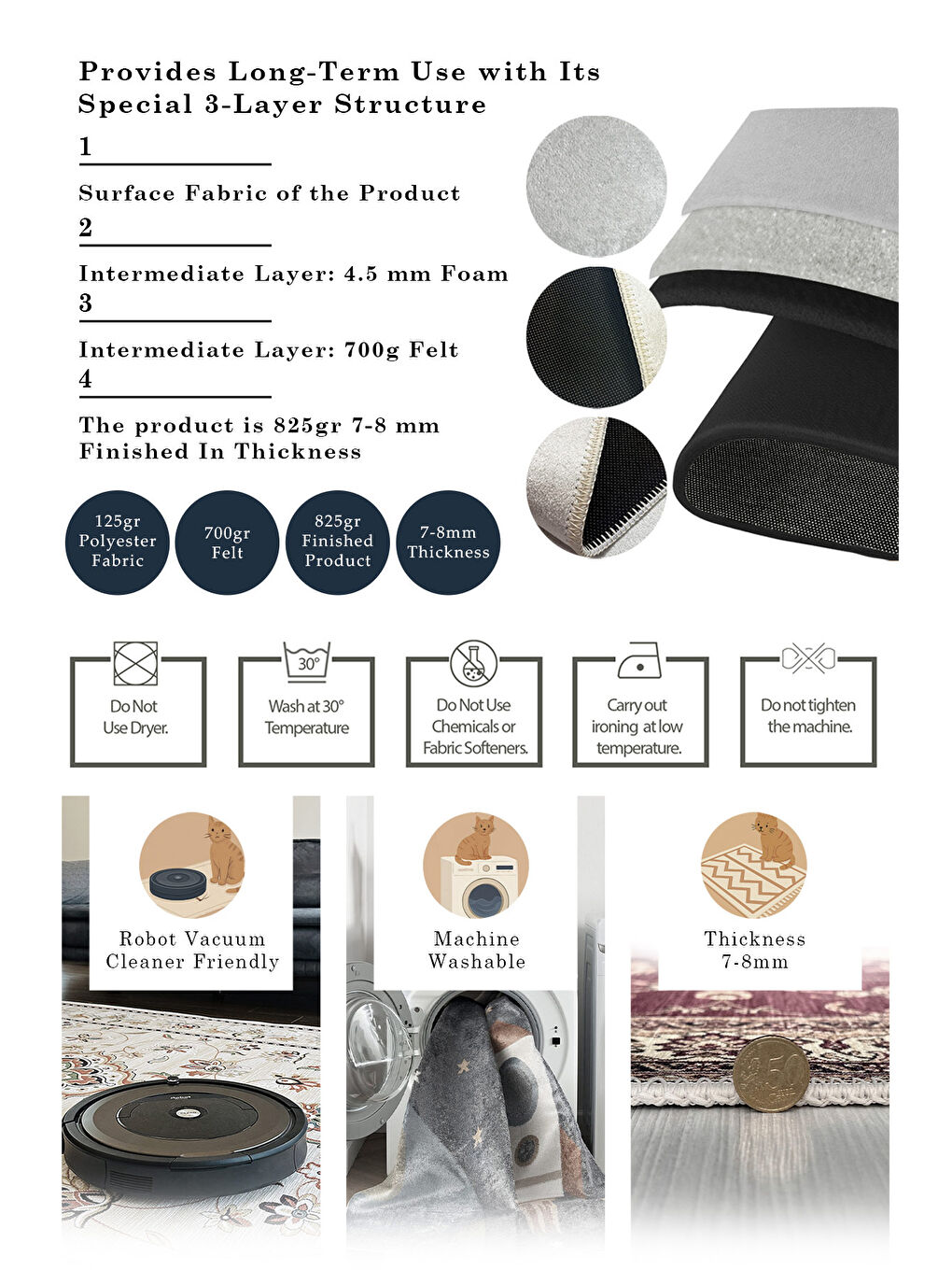 Siyah Dekoratif Özel Tasarım Yıkanabilir İnce Kaymaz Tabanlı Modern Halı KECE FR46-6