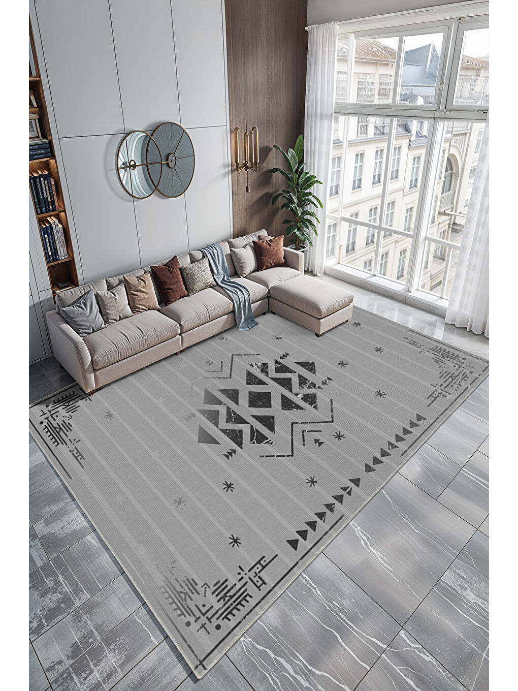 Gri Dekoratif Özel Tasarım Yıkanabilir İnce Kaymaz Tabanlı Modern Halı KECE FR46-2