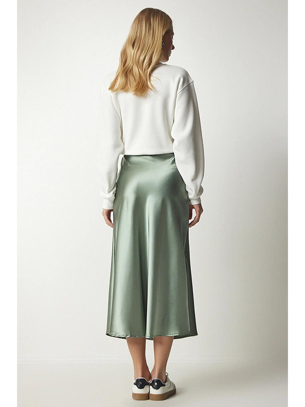 Kadın Mint Yeşili Bilek Boy Saten Etek-4