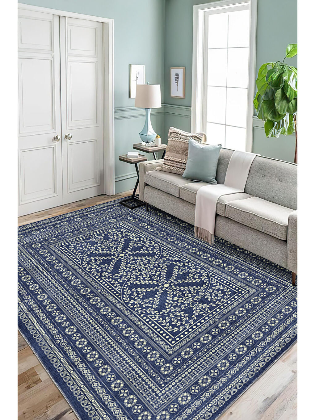 Lacivert Modern Dekoratif Yıkanabilir Kaymaz Taban Halı – İnce, Yumuşak Salon Halısı, Mutfak Halısı ve Yolluk-2