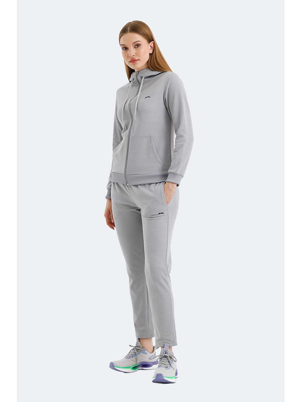 RID IN Kadın Fermuarlı Kapüşonlu Cepli Gri Eşofman Takımı-2