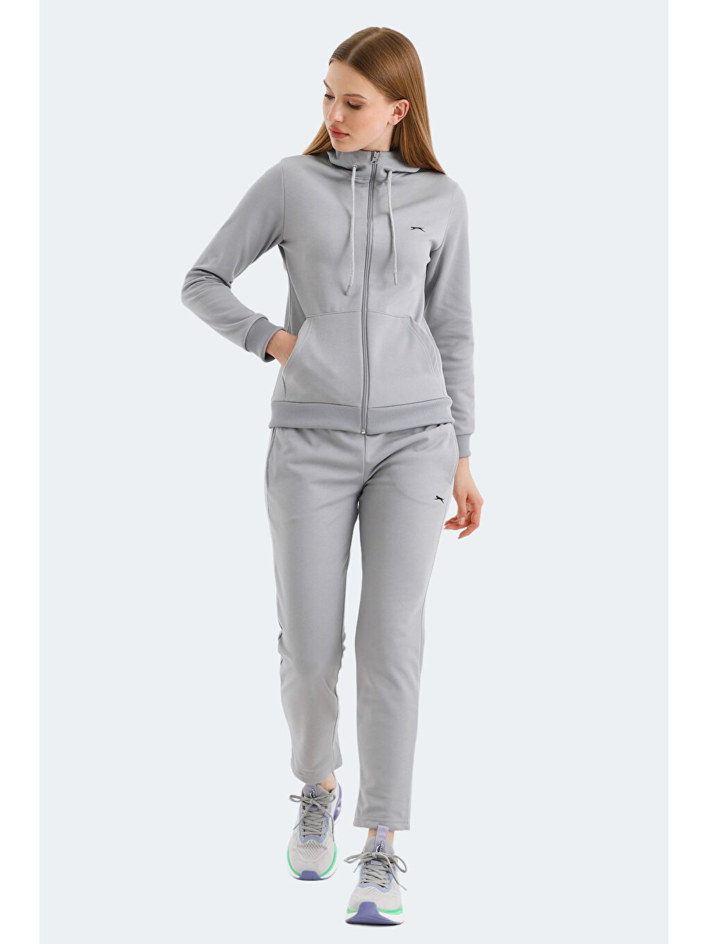 RID IN Kadın Fermuarlı Kapüşonlu Cepli Gri Eşofman Takımı-6