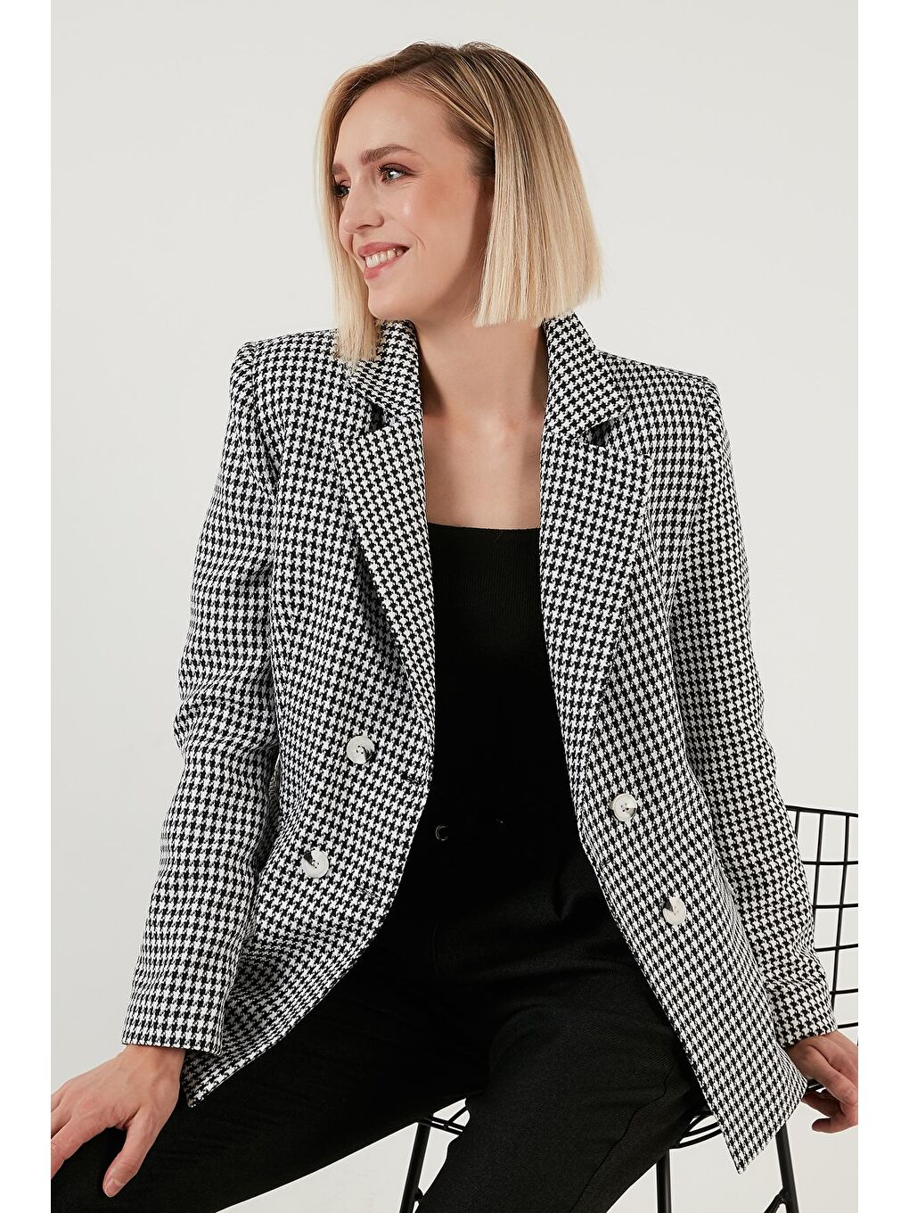 Siyah Kazayağı Desenli Dar Kesim Blazer Ceket 6058384