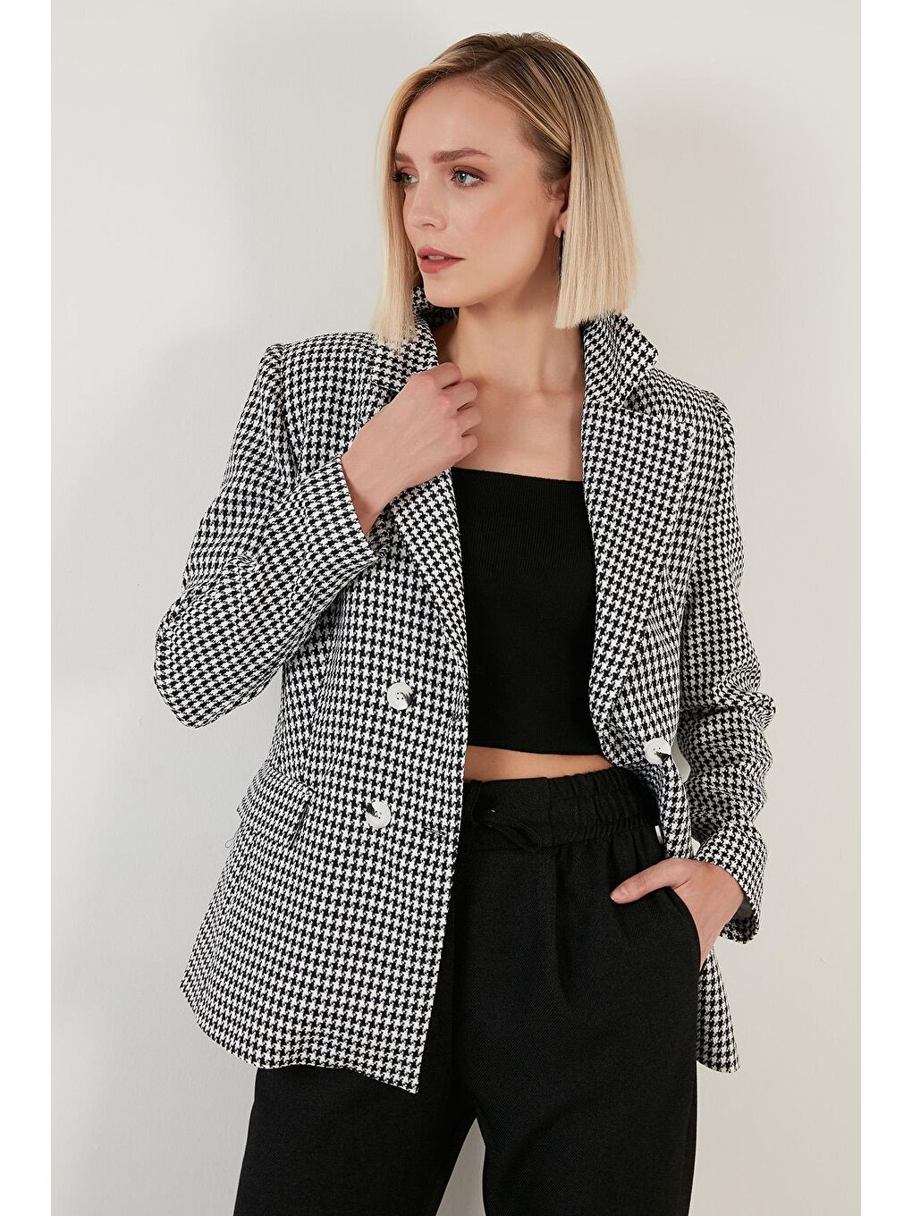 Siyah Kazayağı Desenli Dar Kesim Blazer Ceket 6058384-1