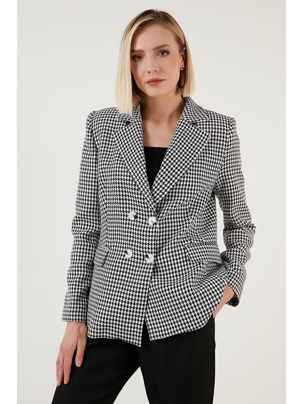 Siyah Kazayağı Desenli Dar Kesim Blazer Ceket 6058384-2
