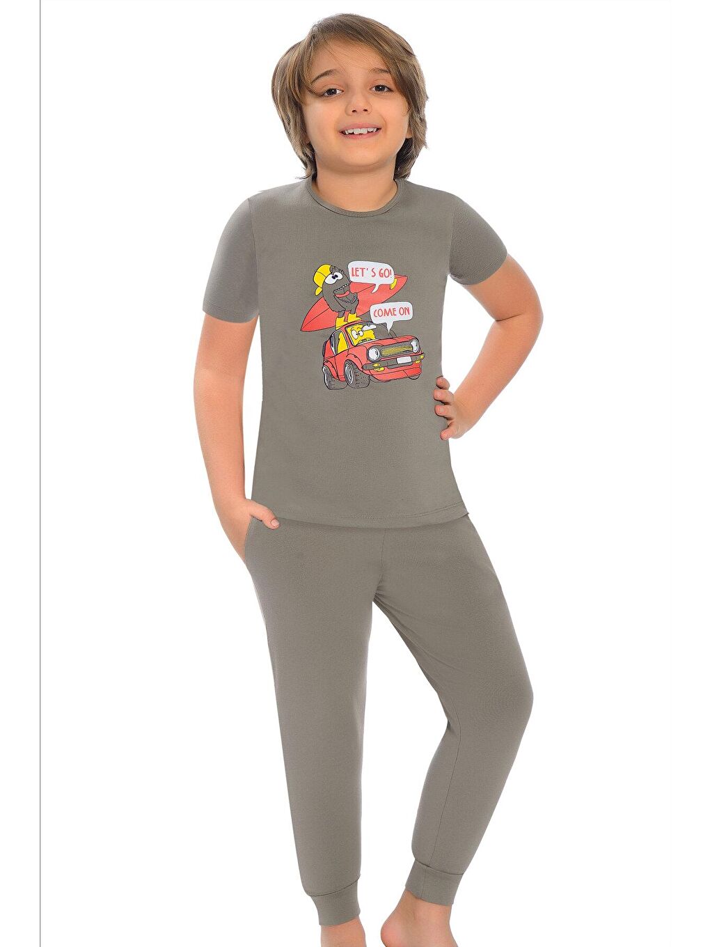 Haki Pamuklu Kısa Kollu Baskılı Paça Bantlı Cepli Erkek Çocuk Pijama Takım