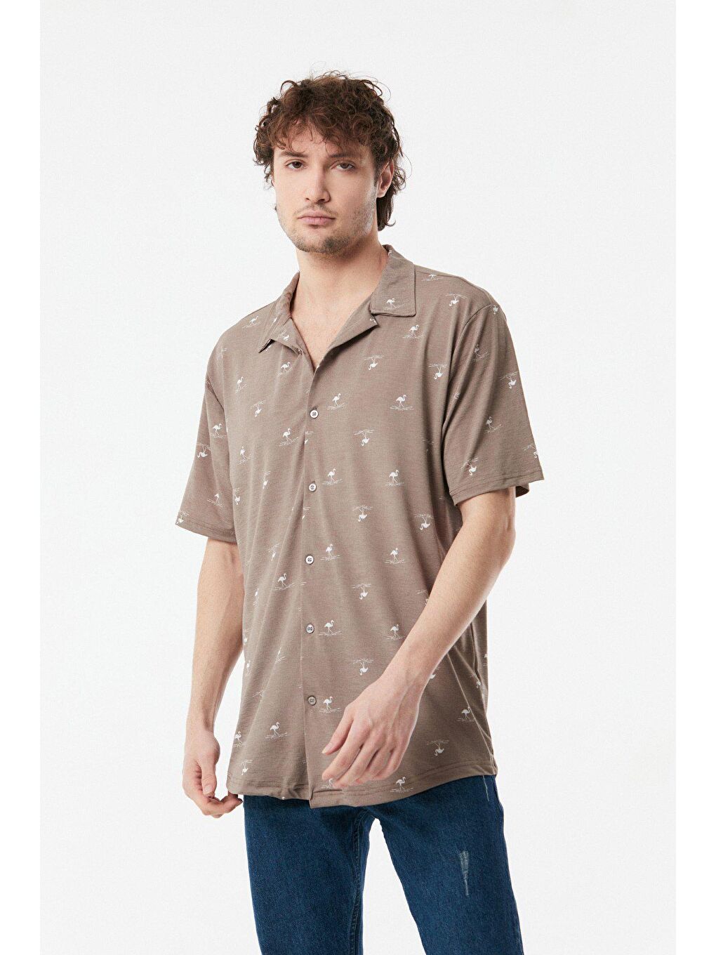 Bej Flamingo Baskılı Salaş Gömlek