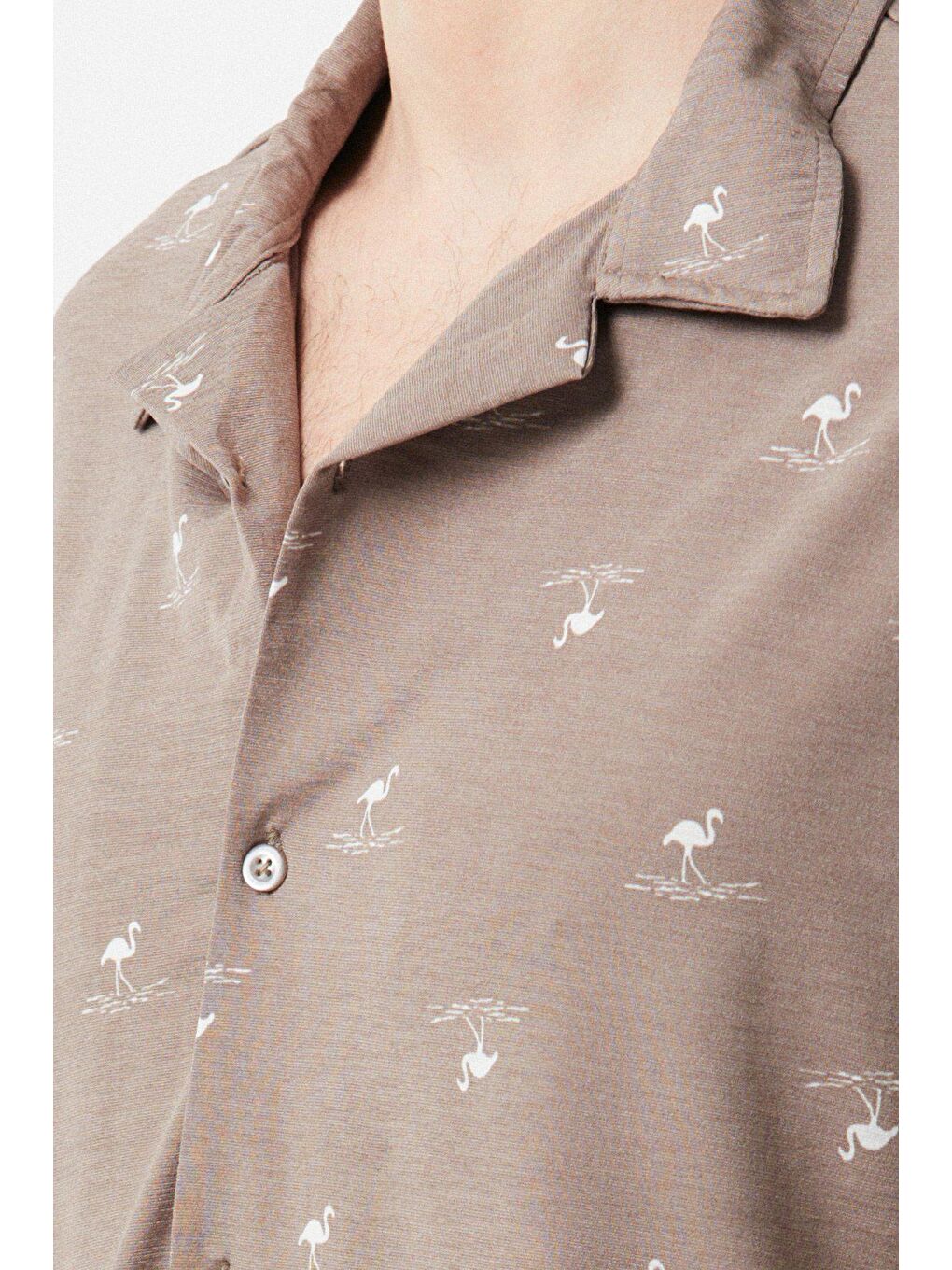 Bej Flamingo Baskılı Salaş Gömlek-1